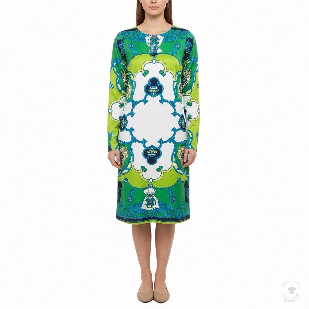 Julie Brown Women’s Green & Blue Printed Long-Sleeve A-Line Dress